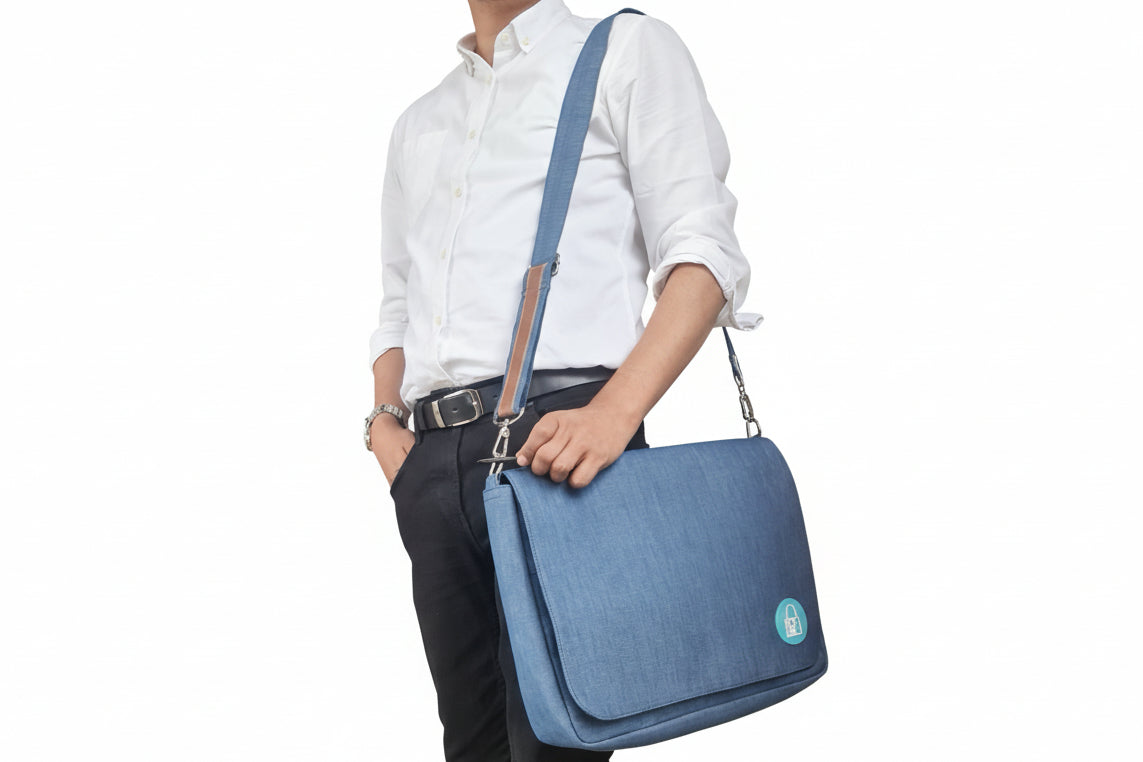 Classic Navy Blue Denim Laptop Messenger Bag