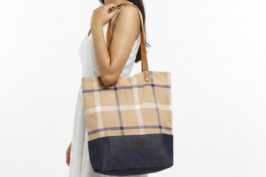 Blue & Brown Check College Street Leather Strap Bag