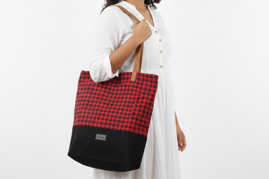 Black & Red Check College Street Leather Strap Bag